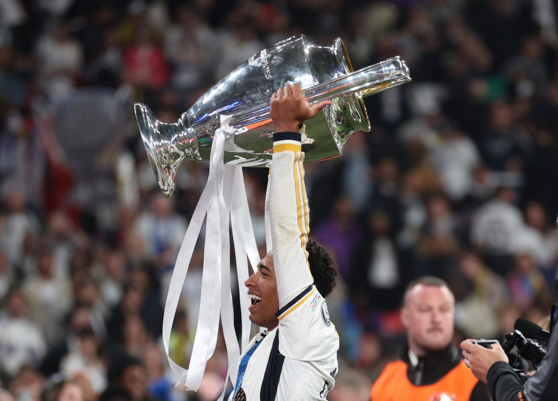 Jude Bellingham of Real Madrid celebrates with the trophy following the UEFA Champions League 2023/24 final match between Borussia Dortmund v Real ...