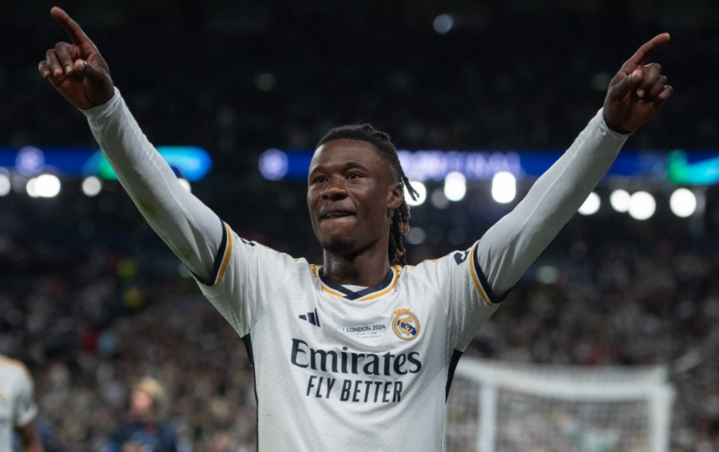 Real Madrid's Eduardo Camavinga celebrates at the final whistle of the 2023/24 UEFA Champions League final match between Borussia Dortmund and Real...