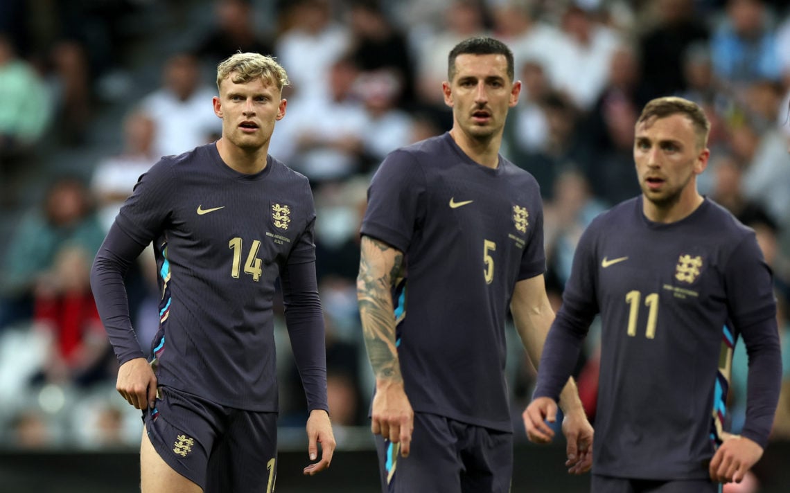 Jarrad Branthwaite, Lewis Dunk and Jarrod Bowen of England look on during the international friendly match between England and Bosnia & Herzego...