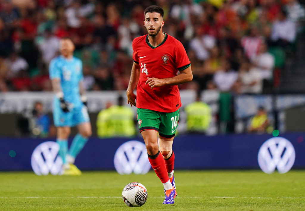 Goncalo Inacio of Portugal in action during the International Friendly match between Portugal and Finland at Estadio Jose Alvalade on June 4, 2024 ...