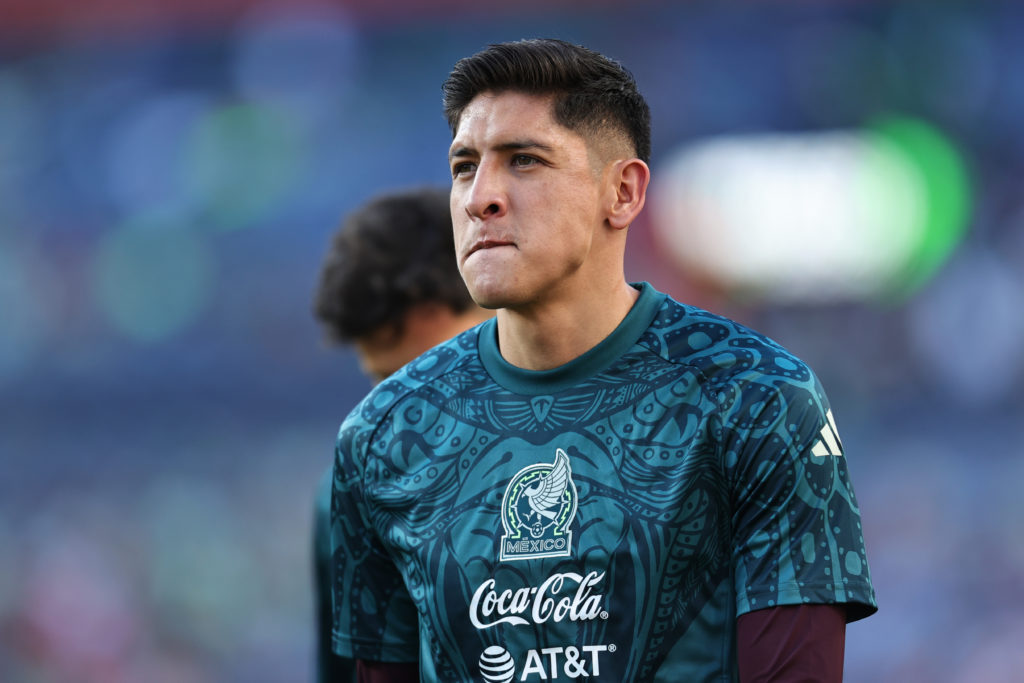 Edson Alvarez #4 of Mexico looks on before an international friendly match between Mexico and Uruguay at Empower Field At Mile High on June 5, 202...