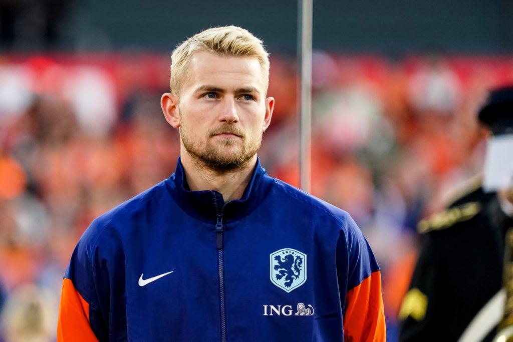 Matthijs de Ligt of the Netherlands looks on prior to the international friendly match between Netherlands and Canada at De Kuip on June 6, 2024 in...