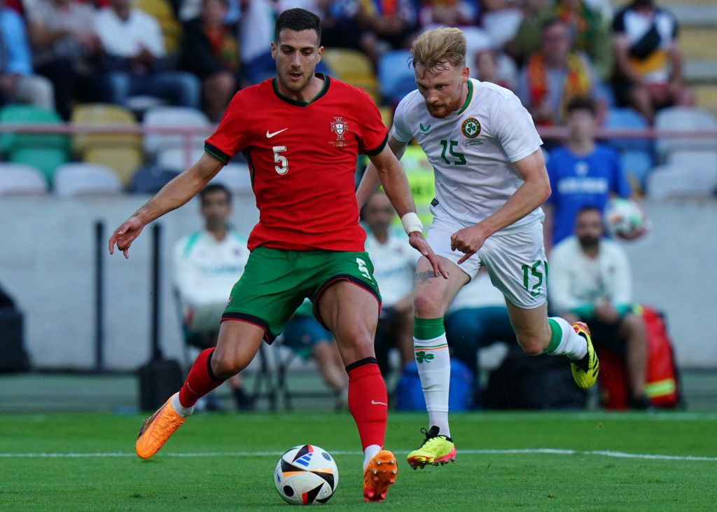 Diogo Dalot of Portugal with Liam Scales of the Republic of Ireland in action during the friendly match between Portugal and the Republic of ...