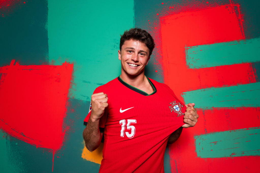 Joao Neves of Portugal poses for a portrait during Portugal's portrait session ahead of UEFA EURO 2024 in Germany on June 9, 2024 in Lisbon, Po...