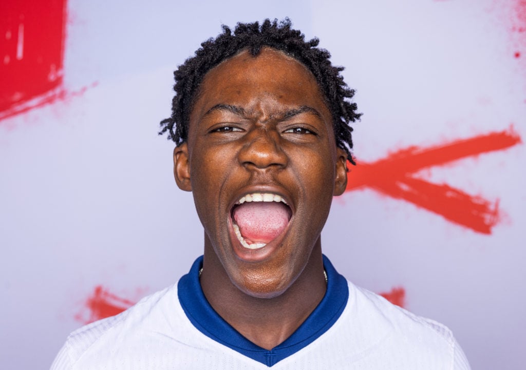 (EDITOR'S NOTE: Image has been digitally enhanced.) England's Kobbie Mainoo poses for a portrait during England's portrait session ahead of...