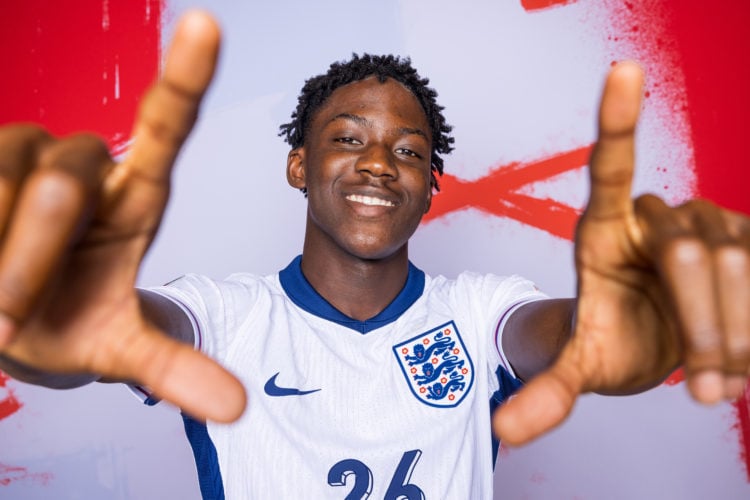 (EDITOR’S NOTE: Image has been digitally enhanced.) Kobbie Mainoo of England poses for a portrait during the England Portrait session ahead of the ...