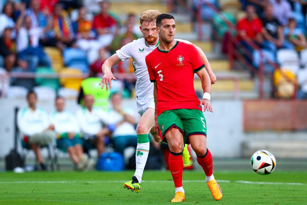 Diogo Dalot of Portugal controls the ballduring the International Friendly match between Portugal and Republic of Ireland at Estadio Municipal de A...
