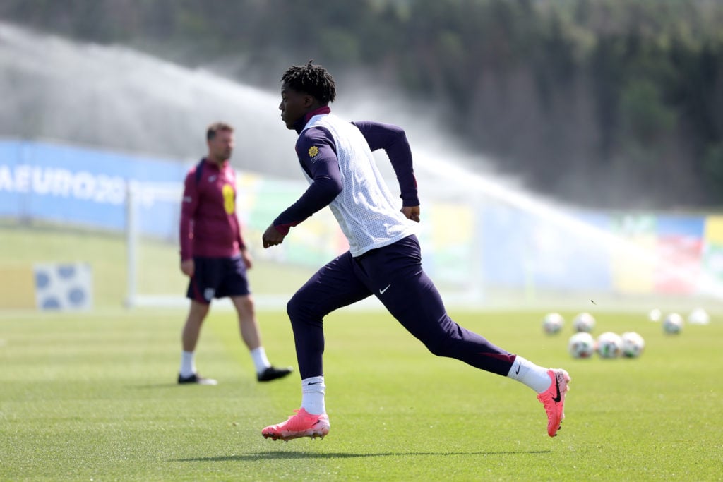 Kobbie Mainoo of England runs during a training session at Spa & Golf Resort Weimarer Land on June 13, 2024 in Blankenhain, Germany.