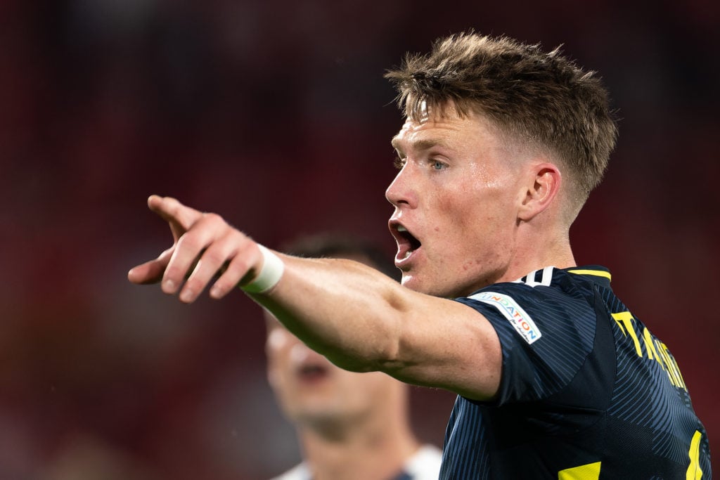 Scotland's Scott McTominay coaches his teammates during the UEFA EURO 2024 Group A match between Scotland and Switzerland at the Cologne Stadium on...