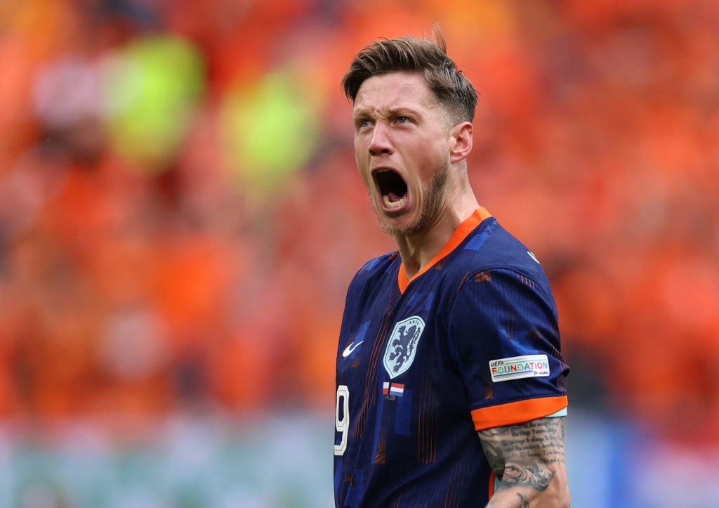 Wout Weghorst of the Netherlands celebrates scoring his team's second goal in the UEFA EURO 2024 group stage between Poland and the Netherlands in V...