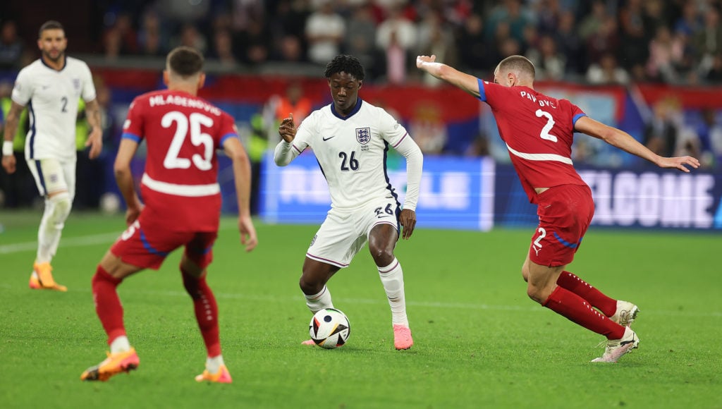 Kobbie Mainoo during the UEFA EURO 2024 group stage match between Serbia and England at Arena AufSchalke on June 16, 2024 in Gelsenkirchen, Germany.