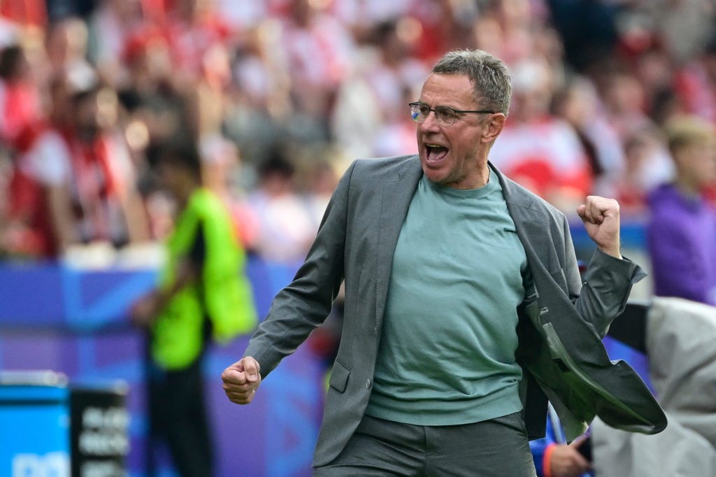 Austria's head coach Ralf Rangnick celebrates his team's win in the UEFA Euro 2024 Group D football match between Poland and Austria at the Olympia...