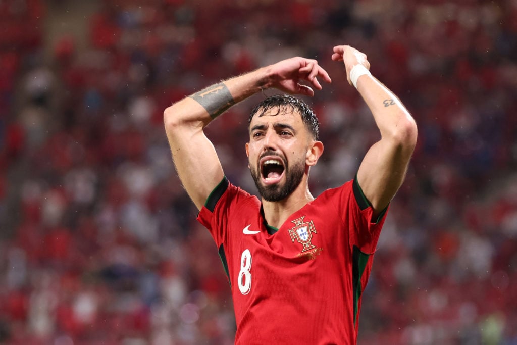 Bruno Fernandes of Portugal celebrates during the UEFA EURO 2024 group stage match between Portugal and Czechia at the Leipzig football stadium on June...