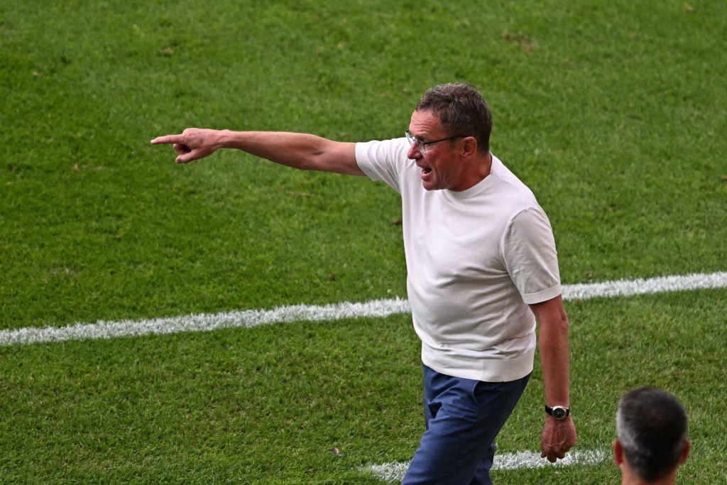 Austria's head coach Ralf Rangnick reacts from the sidelines during the UEFA Euro 2024 Group D football match between the Netherlands and Austria a...