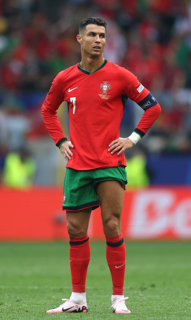 Cristiano Ronaldo of Portugal looks on during the UEFA EURO 2024 group stage match between Turkiye and Portugal at Football Stadium Dortmund on Jun...