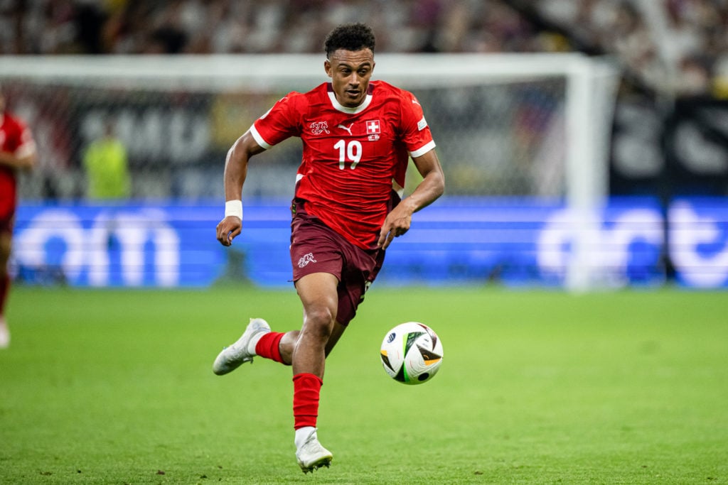 Switzerland's Dan Ndoye controls the ball during the UEFA EURO 2024 group stage match between Switzerland and Germany at the Frankfurt Arena on June 2...