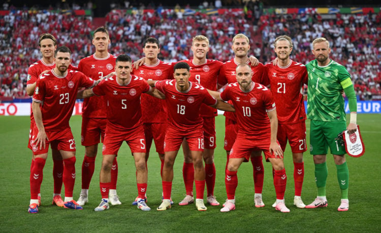 Players of Denmark pose for a team photograph prior to the UEFA EURO 2024 group stage match between Denmark and Serbia at Munich Football Arena on ...