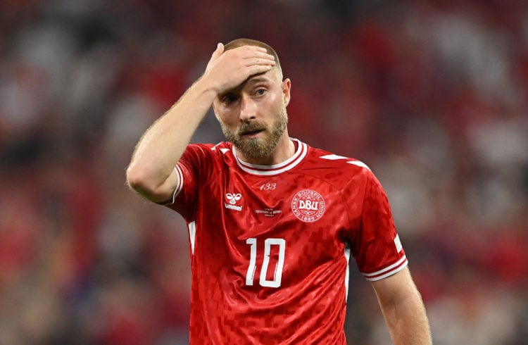 Christian Eriksen of Denmark reacts during the UEFA EURO 2024 group stage match between Denmark and Serbia at Munich Football Arena on June 25, 202...