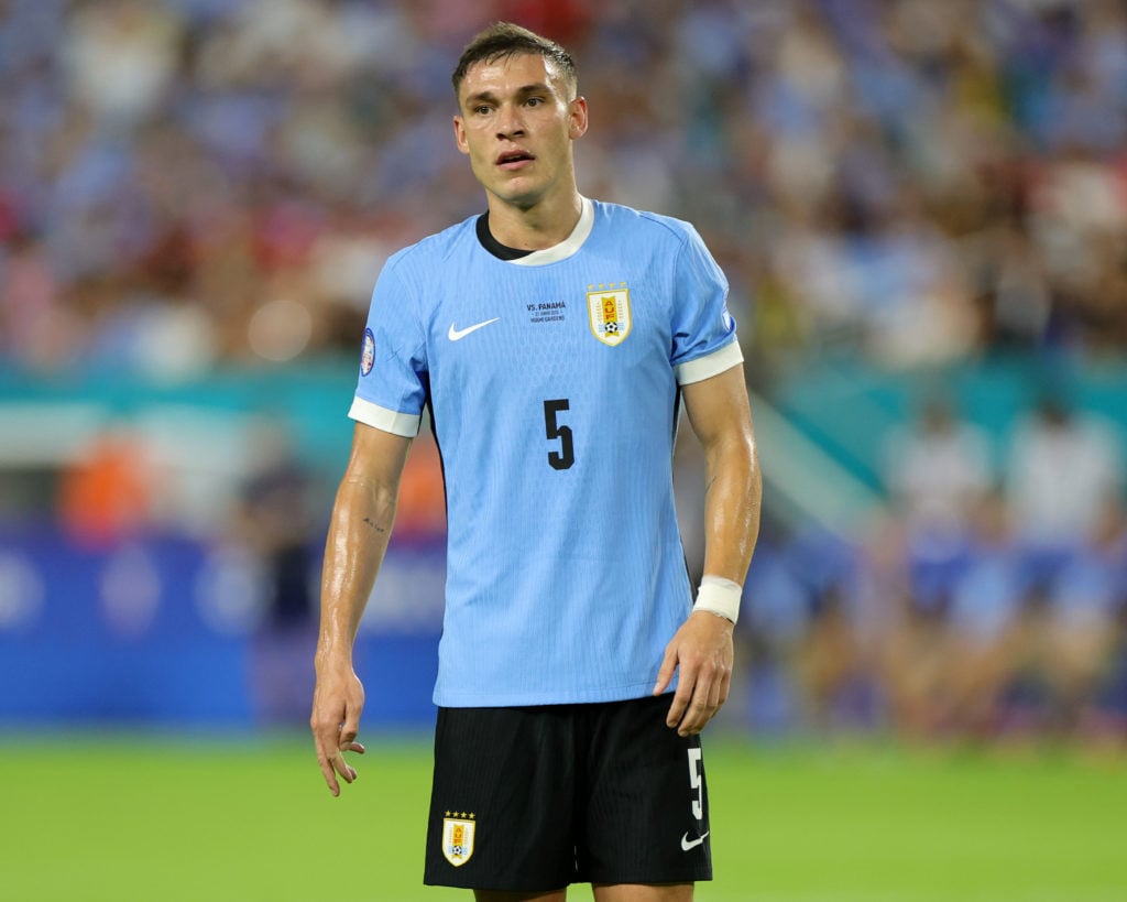 Uruguay midfielder Manuel Ugarte (5) during a match between Panama and Uruguay at Hard Rock Stadium on June 23, 2024 in Miami Gardens, Florida.