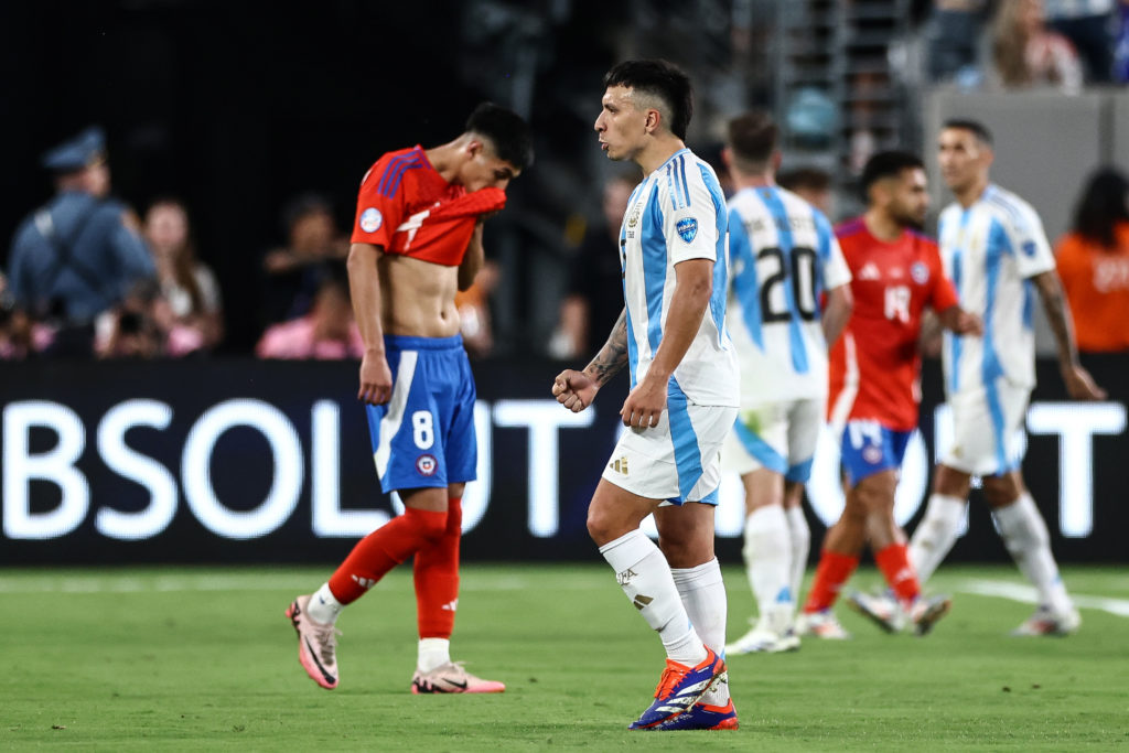 Argentina's Lisandro Martinez celebrates after winning the CONMEBOL Copa America 2024 match between Chile and Argentina at MetLife Stadium in June...