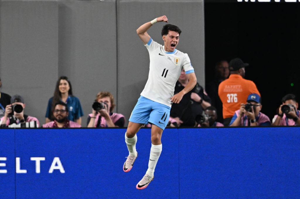 Facundo Pellistri #11 of Uruguay celebrates a goal during a Copa America 2024 Group C match between Bolivia and Uruguay at MetLife Stadium on June ...
