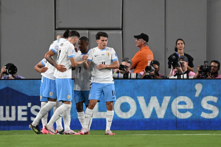 Darwin Nunez #19 celebrates a goal with Maximiliano Araujo #20, Facundo Pellistri #11 and Uruguay teammates during a Copa America 2024 Group C matc...