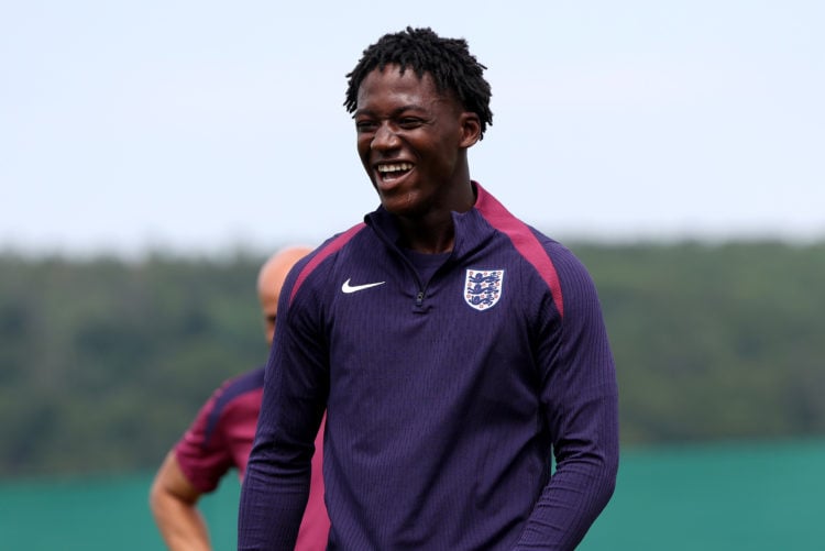 Kobbie Mainoo of England reacts during a training session at Spa & Golf Resort Weimarer Land on June 29, 2024 in Blankenhain, Germany.