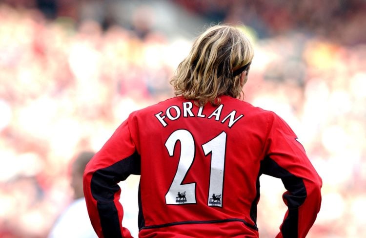 Diego Forlan during the FA Barclaycard Premiership match between Manchester United v Aston Villa at Old Trafford on October 10, 2002 in Manchester,...