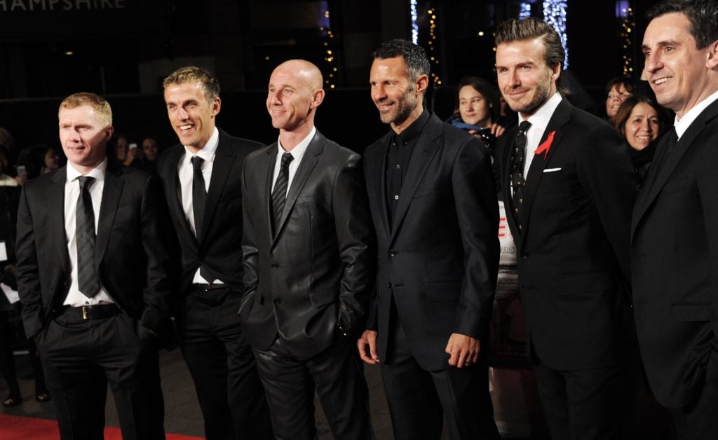 (L-R) Paul Scholes, Phil Neville, Nicky Butt, Ryan Giggs, David Beckham and Gary Neville attend the World premiere of "The Class of 92" at Odeon We...