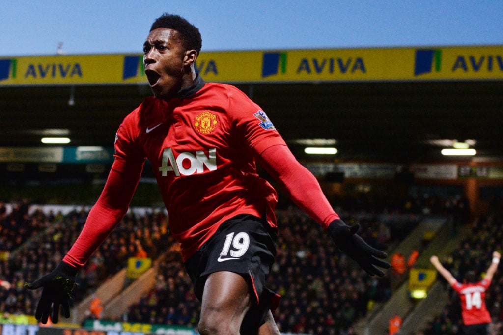 Manchester United's English striker Danny Welbeck celebrates scoring the opening goal during the English Premier League football match between Norw...