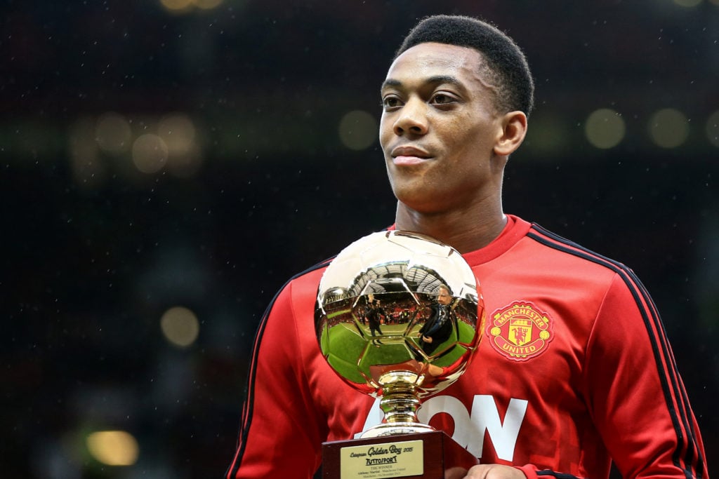 Anthony Martial of Manchester United receives the 2015 Golden Boy award for being the best young player in Europe during the Barclays Premier Leag...