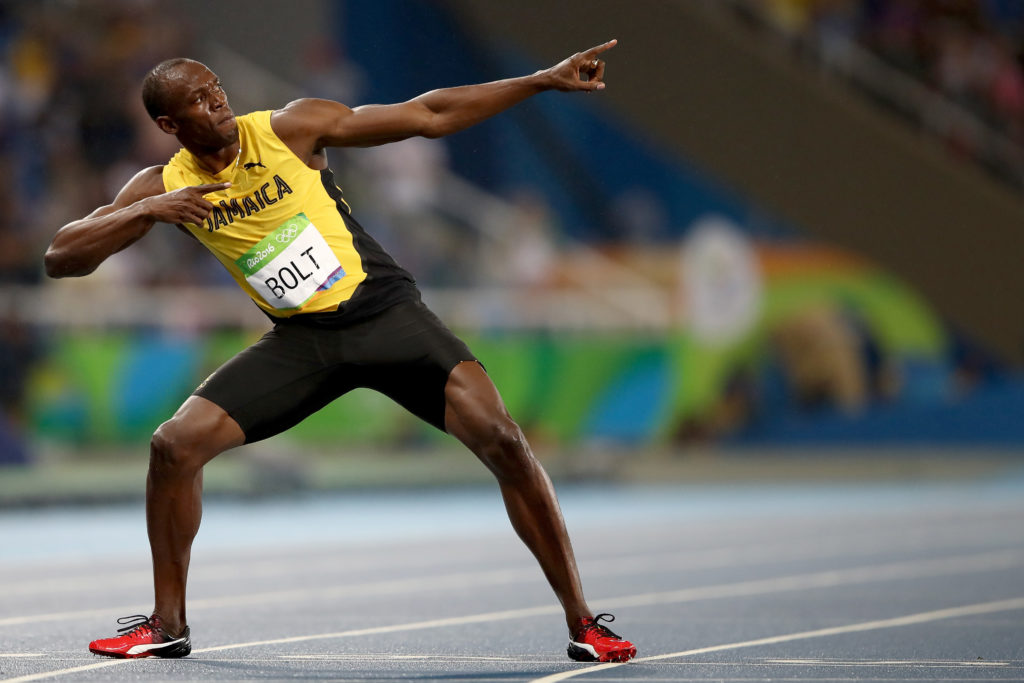 Usain Bolt of Jamaica celebrates winning the Men's 200m Final on Day 13 of the Rio 2016 Olympic Games at the Olympic Stadium on August 18, 2016 in ...