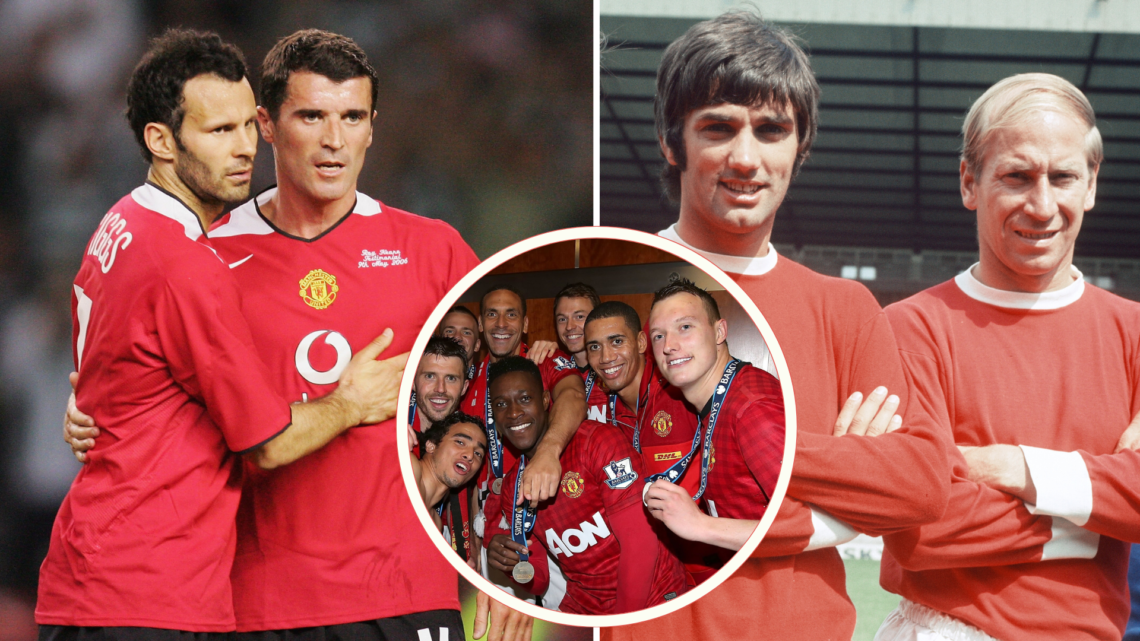 Left: Ryan Giggs and Roy Keane, Right; George Best and Bobby Charlton, inset, Danny Welbeck and United's 2013 title winning team with medals