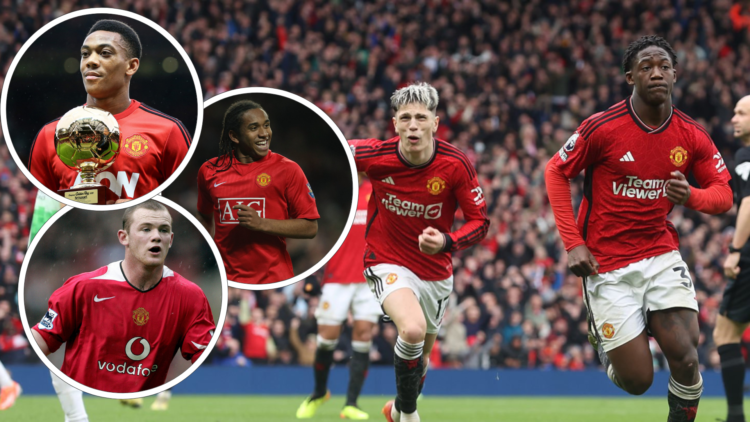 Alejandro Garnacho and Kobbie Mainoo celebrate scoring against Liverpool, inset Anthony Martial holding Golden Boy award, inset Anderson running wh...