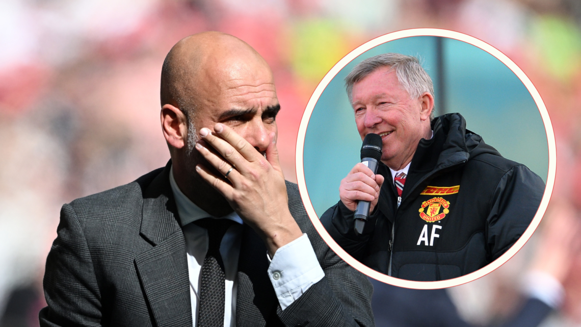 Devastated Pep Guardiola covers his mouth. Inset, happy Sir Alex Ferguson speaks into a microphone