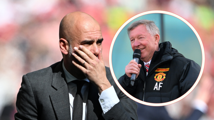 Devastated Pep Guardiola covers his mouth. Inset, happy Sir Alex Ferguson speaks into a microphone