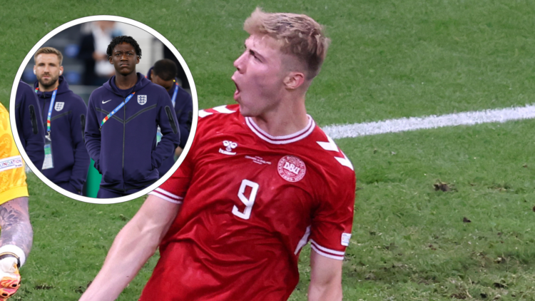 Rasmus Hojlund celebrates a Denmark goal. Inset, Luke Shaw and Kobbie Mainoo in England tracksuits