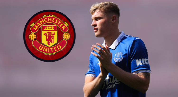 An image of Jarrad Branthwaite and the Manchester United badge.