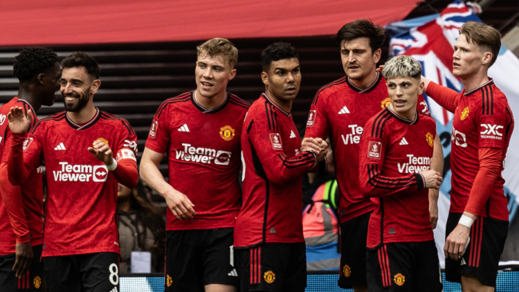 Manchester United's Harry Maguire (3rd right) celebrates scoring his side's second goal with team mates during the Emirates FA Cup Semi Final match...