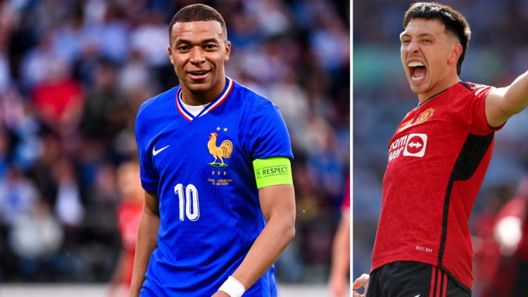 Kylian Mbappe playing for France, inset, Lisandro Martinez celebrates for Manchester United
