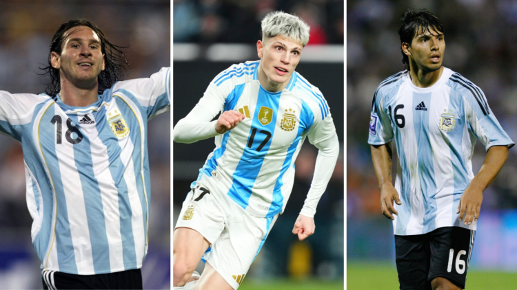 Triple image: Left Lionel Messi in 2007, centre Alejandro Garnacho in 2024, right Sergio Aguero in 2009, all playing for Argentina