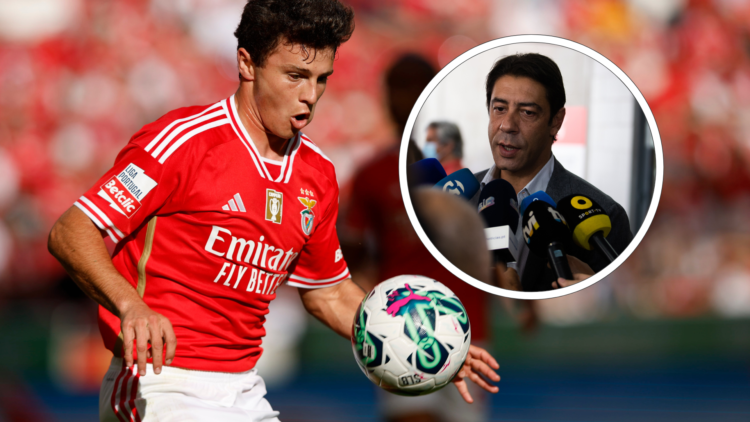 Joao Neves in action for Benfica, inset, Rui Costa speaks to the press