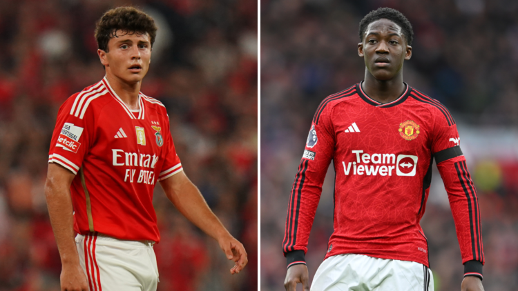 Left - Joao Neves playing for Benfica, Right - Kobbie Mainoo playing for Manchester United