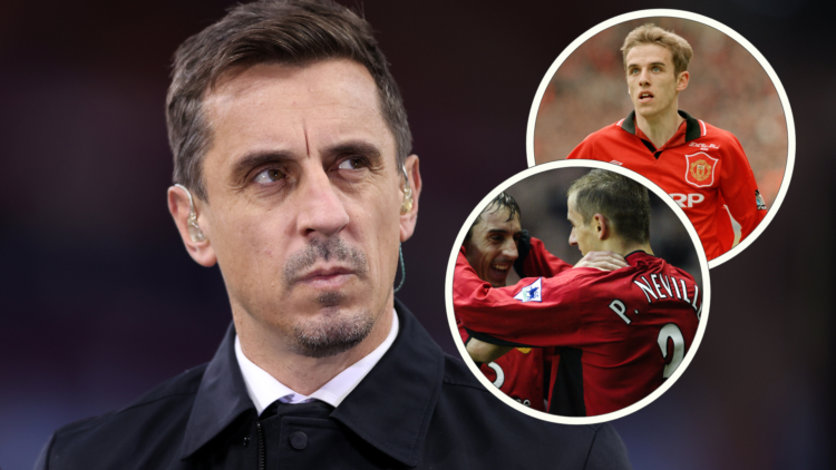 Gary Neville looks to the sky and thinks. Inset, Gary and Phil Neville celebrate together, inset, Phil Neville playing the 1996 FA Cup Final