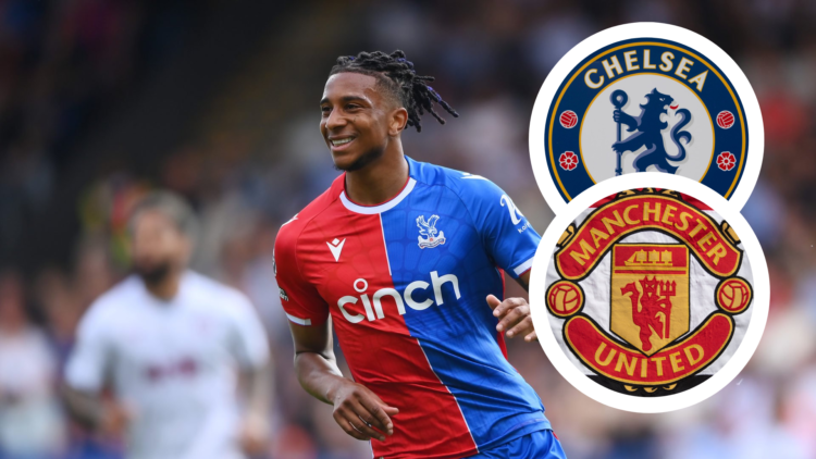 Michael Olise in action for Crystal Palace, inset front Manchester United crest, inset back Chelsea crest