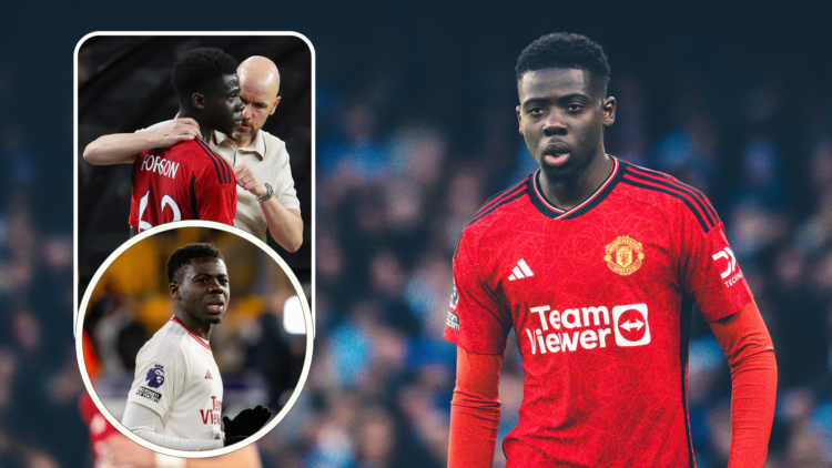 Omari Forson in Manchester United kit. Inset, Forson speaks to Erik ten Hag, smaller inset, Forson headshot