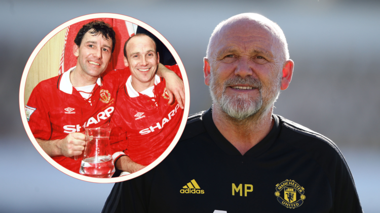 Mike Phelan. Inset: Mike Phelan and Bryan Robson celebrate 1994 FA Cup