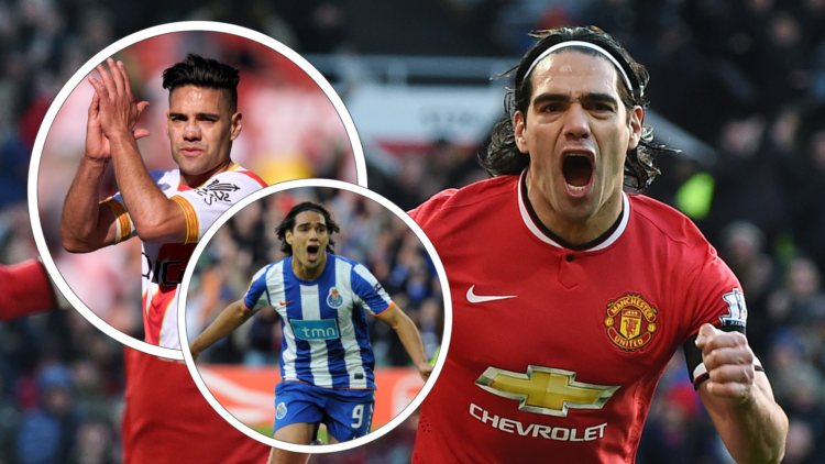 Radamel Falcao celebrates scoring for Manchester United. Inset, clapping fans at Rayo Vallecano, inset, celebrates scoring goal for Porto