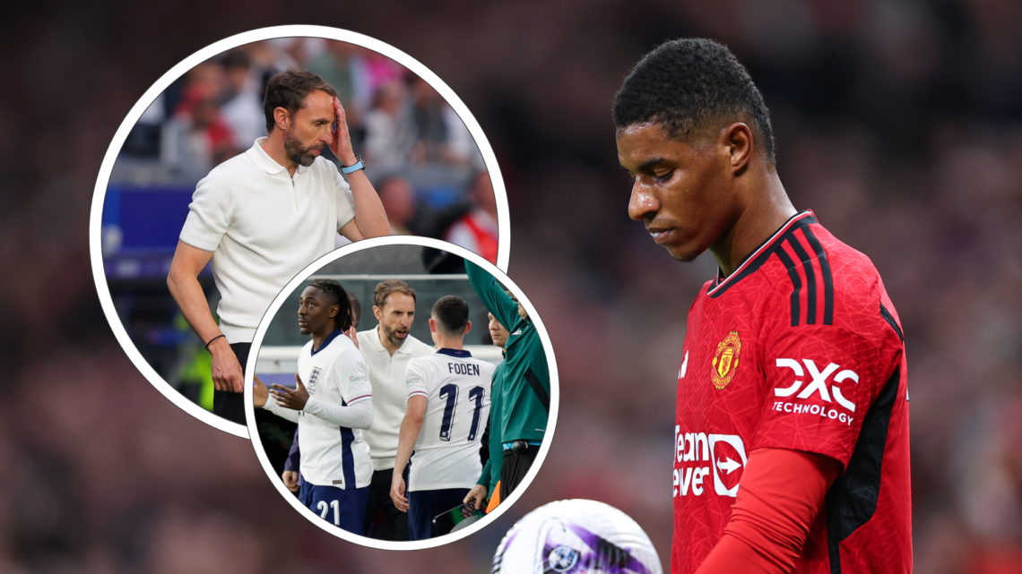Marcus Rashford walks carrying the ball for Manchester United. Inset, Gareth Southgate head in his hands. Inset, Southgate speaks to Phil Foden