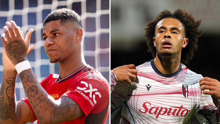 Left: Marcus Rashford applauds Manchester United fans emotionally after FA Cup win. Right: Joshua Zirkzee celebrates scoring for Bologna